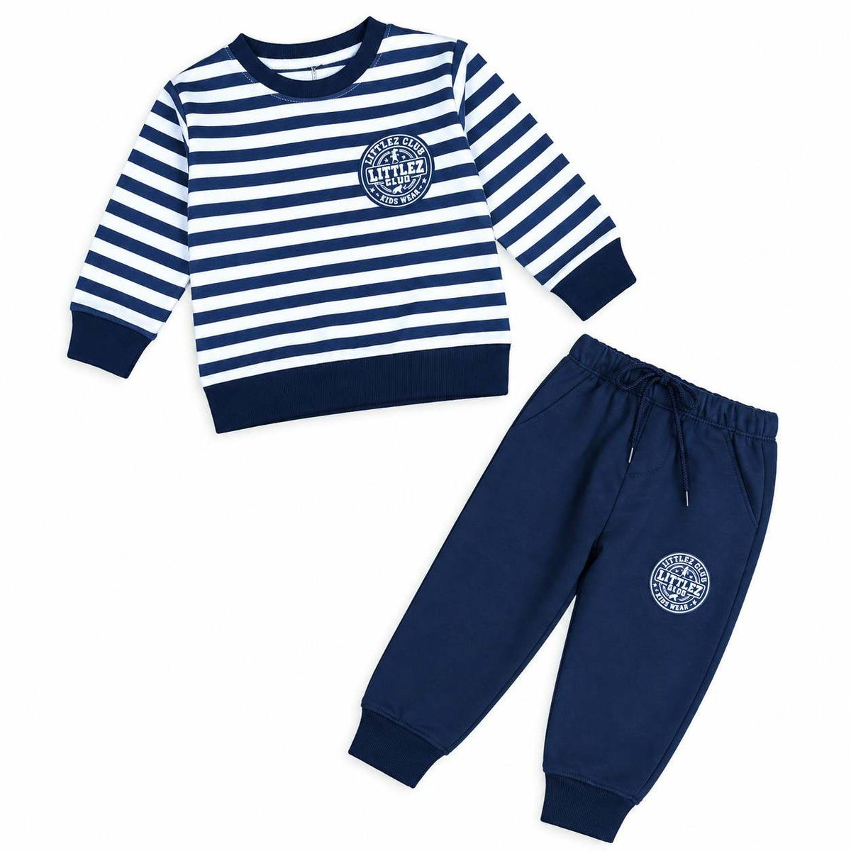 Little Club Logo Navy Striped Fleece Tracksuit - Navy Blue