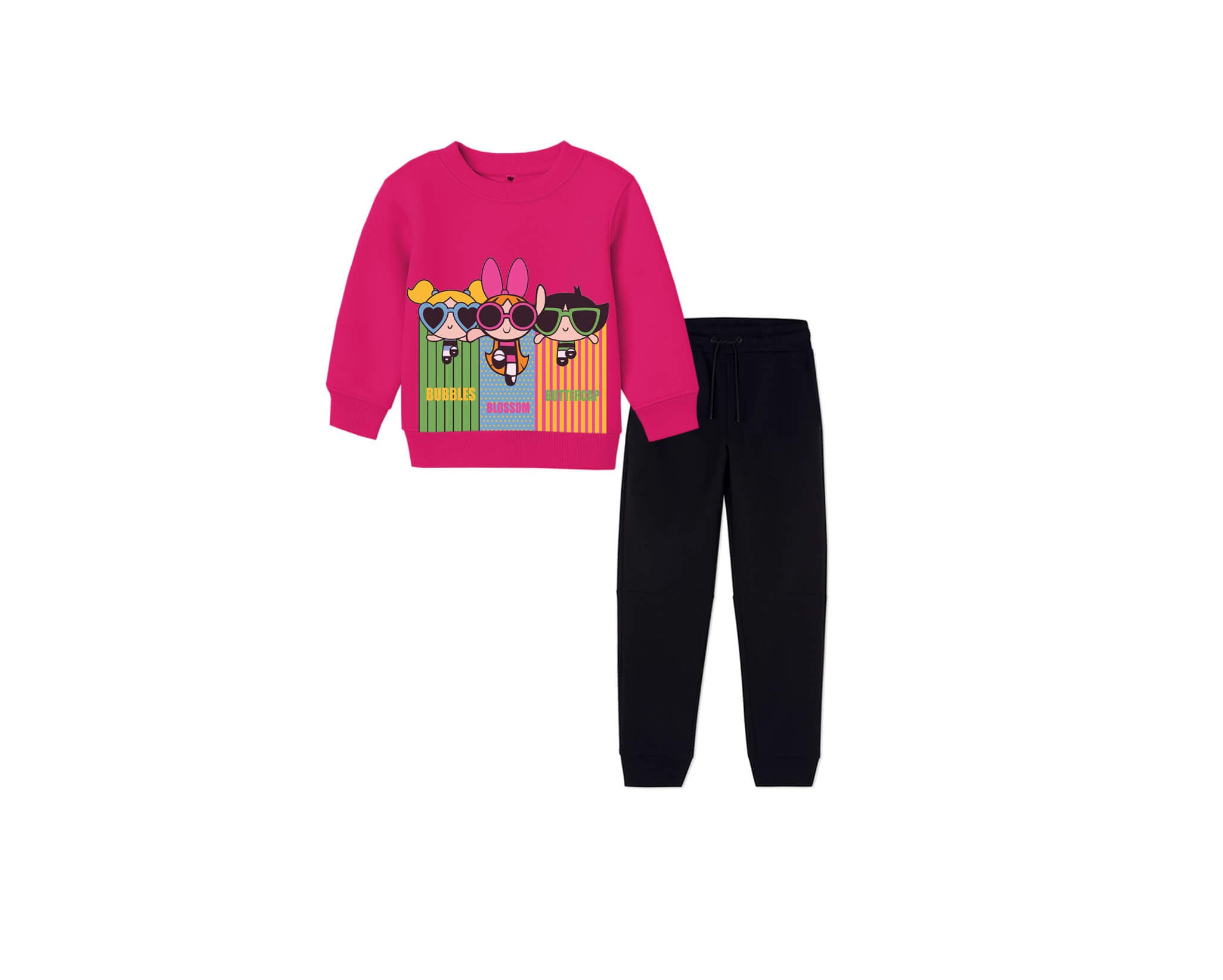 Powerpuff Girls Fleece Sweatshirt with Simple Trouser - Shocking Pink &amp; Black