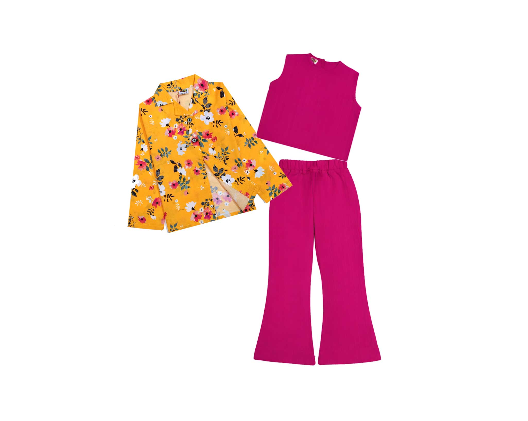 White &amp; Pink Florals 3pc Cotton Suit - Mustard &amp; Shocking Pink