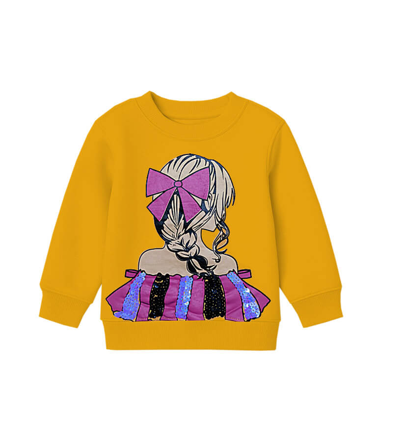 Layers Sequins Frock Doll Fleece Sweatshirt-Mustard