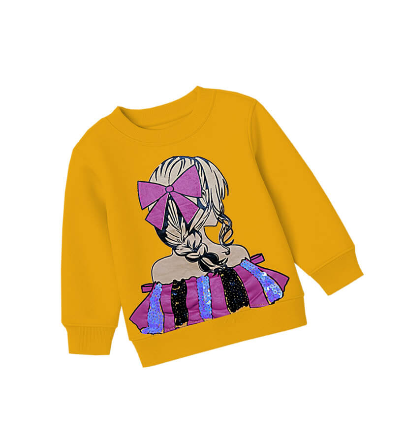 Layers Sequins Frock Doll Fleece Sweatshirt-Mustard