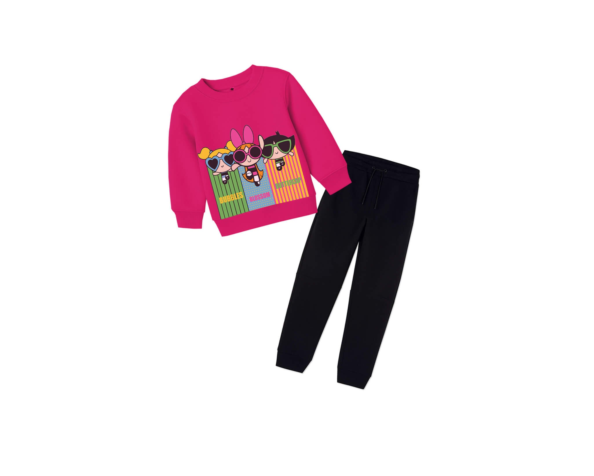Powerpuff Girls Fleece Sweatshirt with Simple Trouser - Shocking Pink &amp; Black