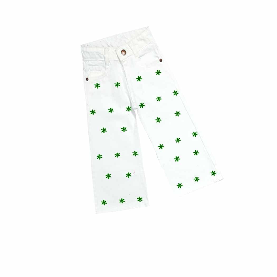 Green Stars Flowers Flapper Denim Pant - Off White