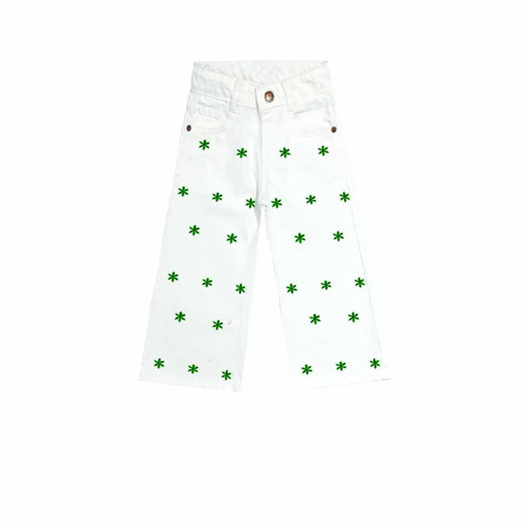 Green Stars Flowers Flapper Denim Pant - Off White