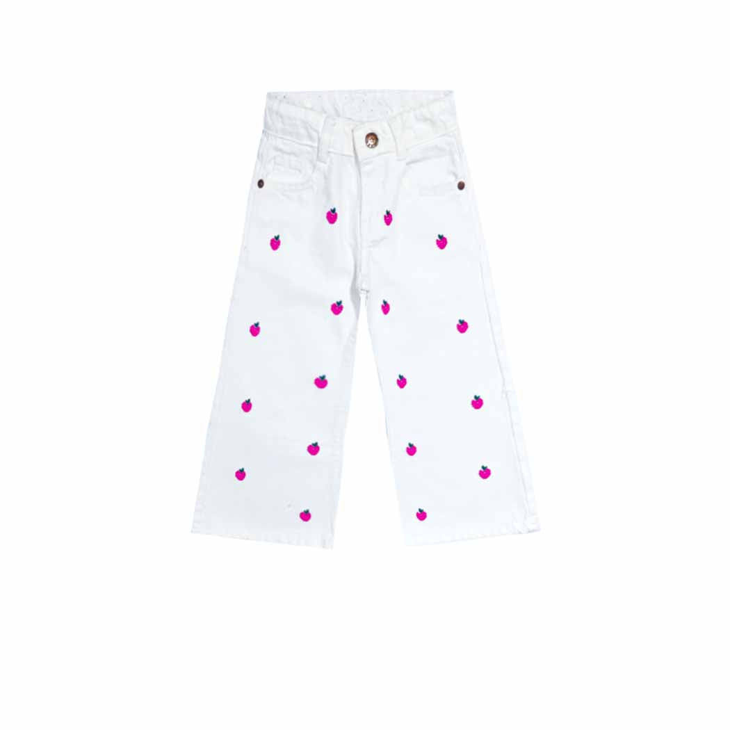 Cherries Bell Bottom Denim Pant - White