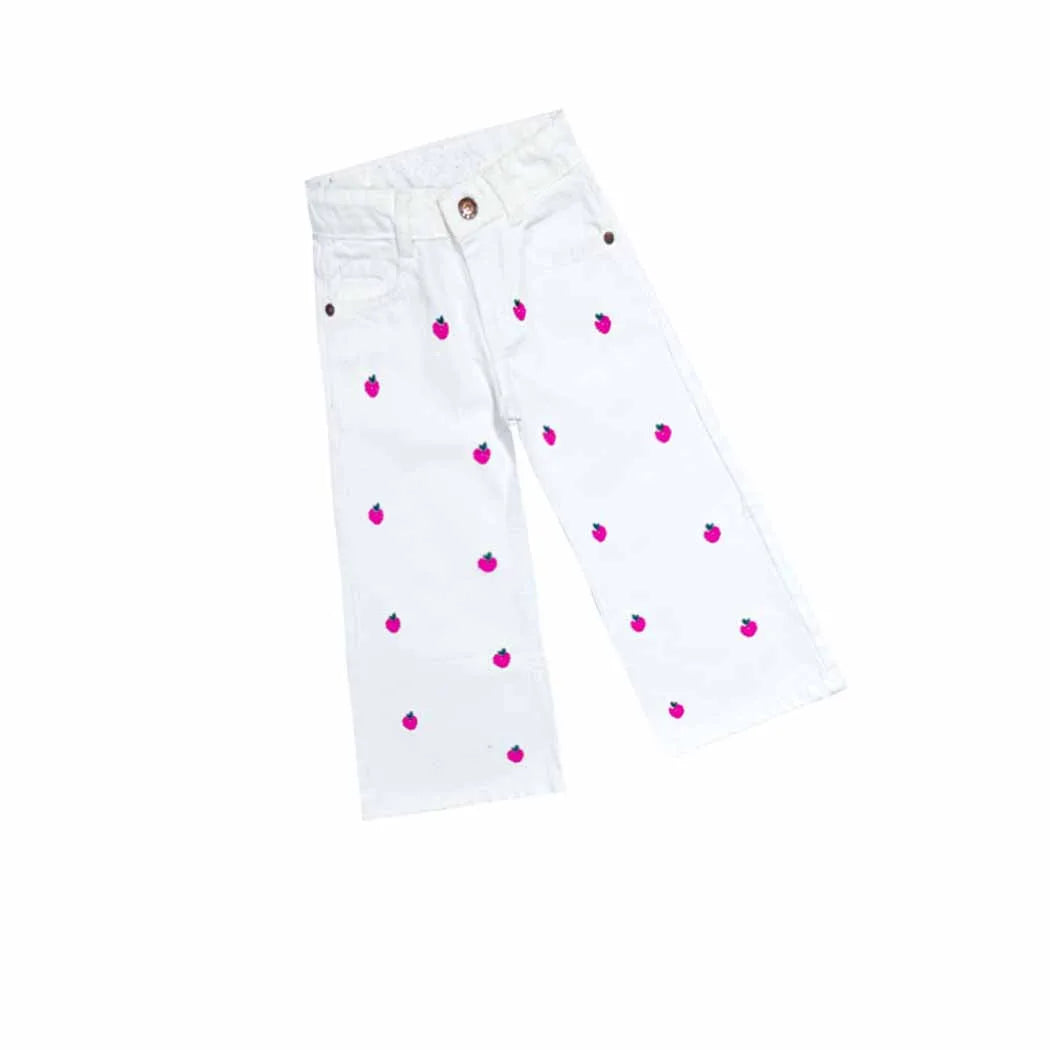Cherries Bell Bottom Denim Pant - White