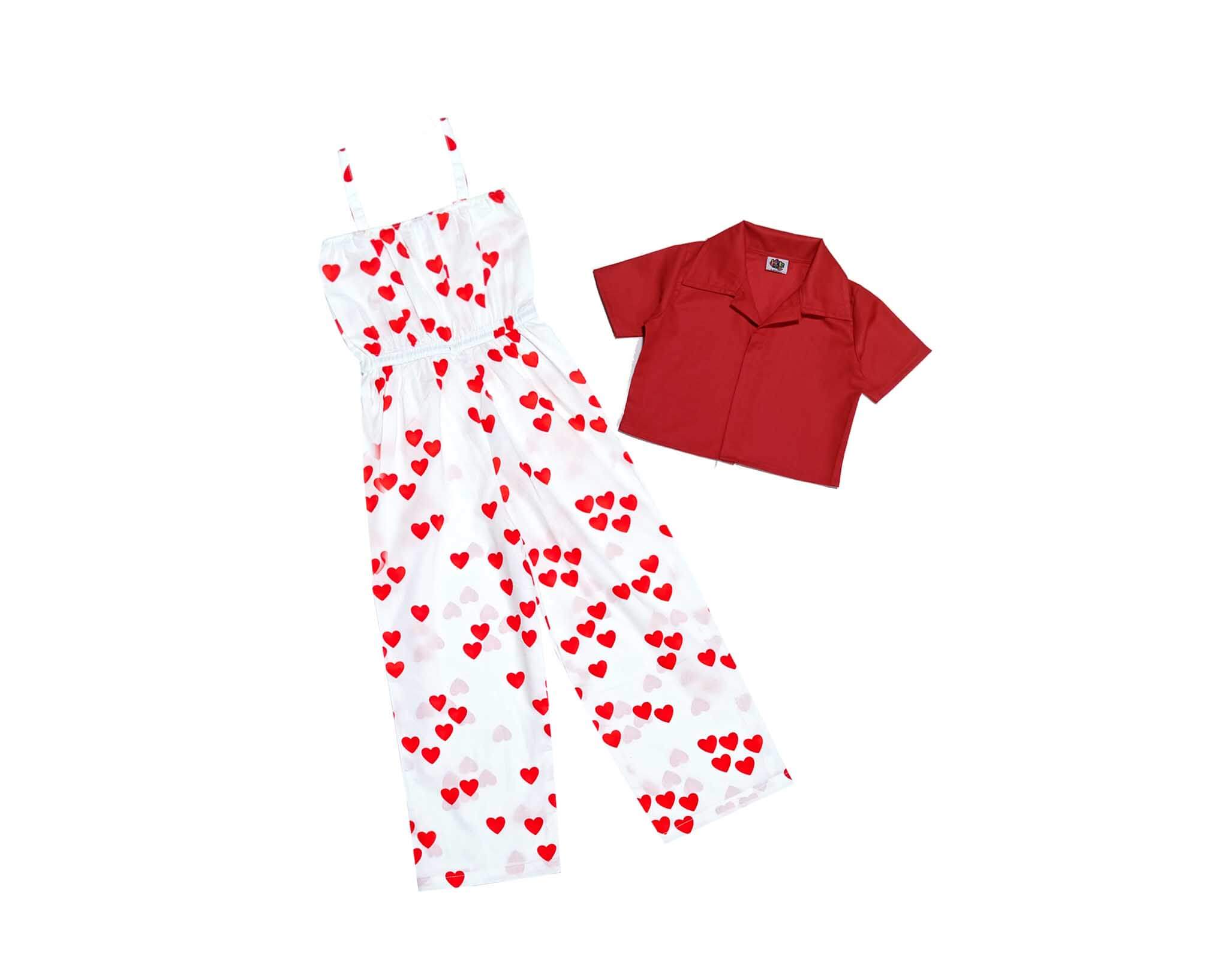 2 Pcs Red Hearts Cotton Jumpsuit with Short Shirt - White & Red