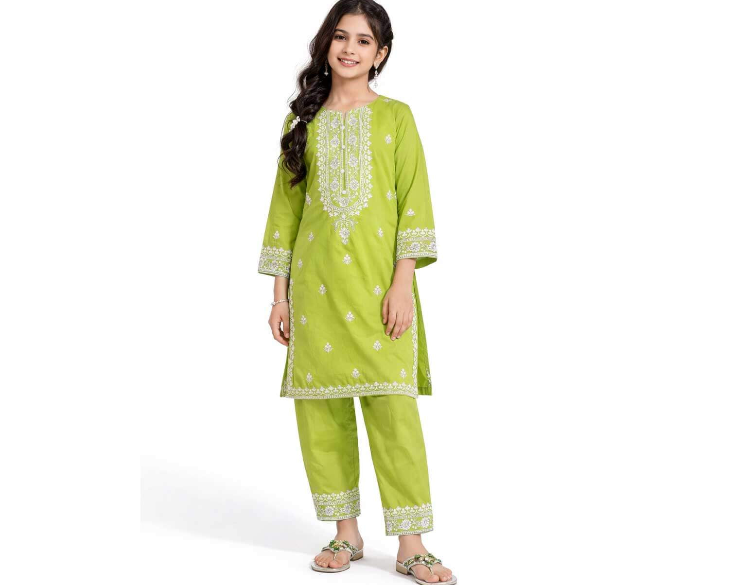 Noor-e-Saba Classic Embroidery Cotton Kurta &amp; Trouser - Mahndi Green
