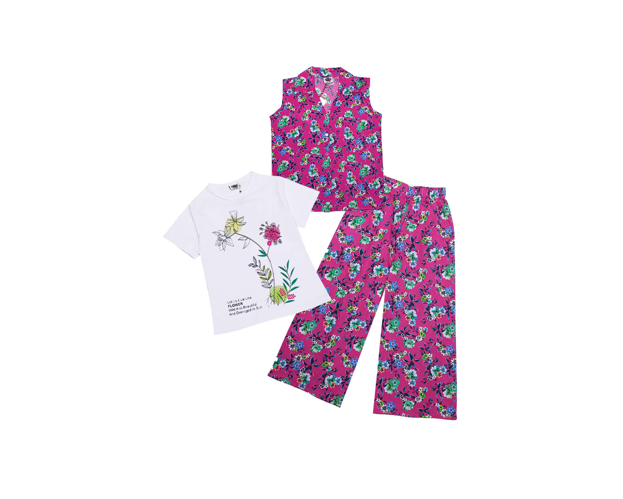3-Pcs-Green-Foral-Cotton-Sleeves-less-Coat-Tee-_-Plazzo-Shocking-Pink-1