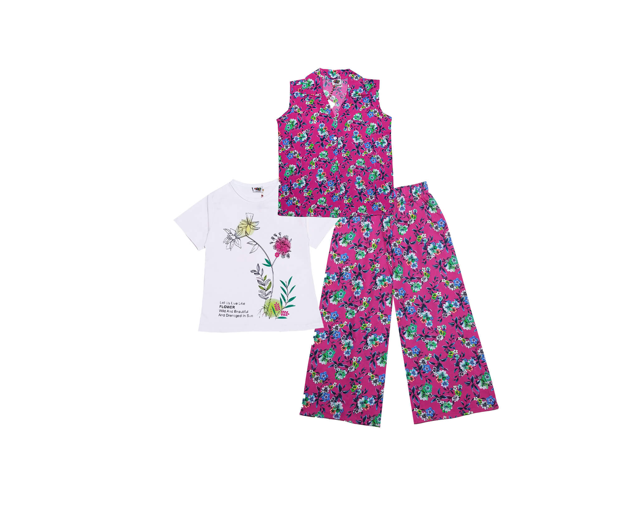 3-Pcs-Green-Foral-Cotton-Sleeves-less-Coat-Tee-_-Plazzo-Shocking-Pink
