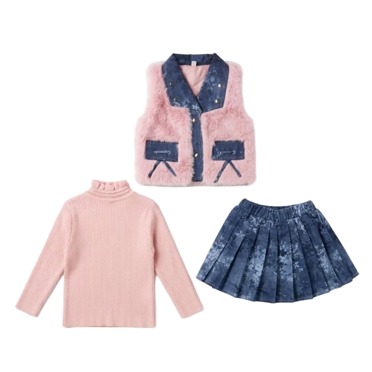 3-Piece-Faux-Fur & Denim Pleated-Pink.