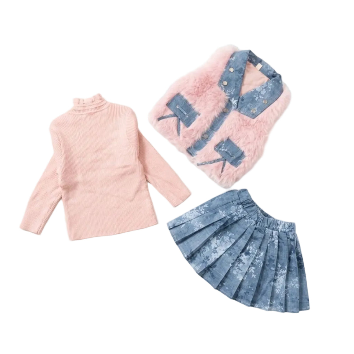 3-Piece-Faux-Fur & Denim Pleated-Pink
