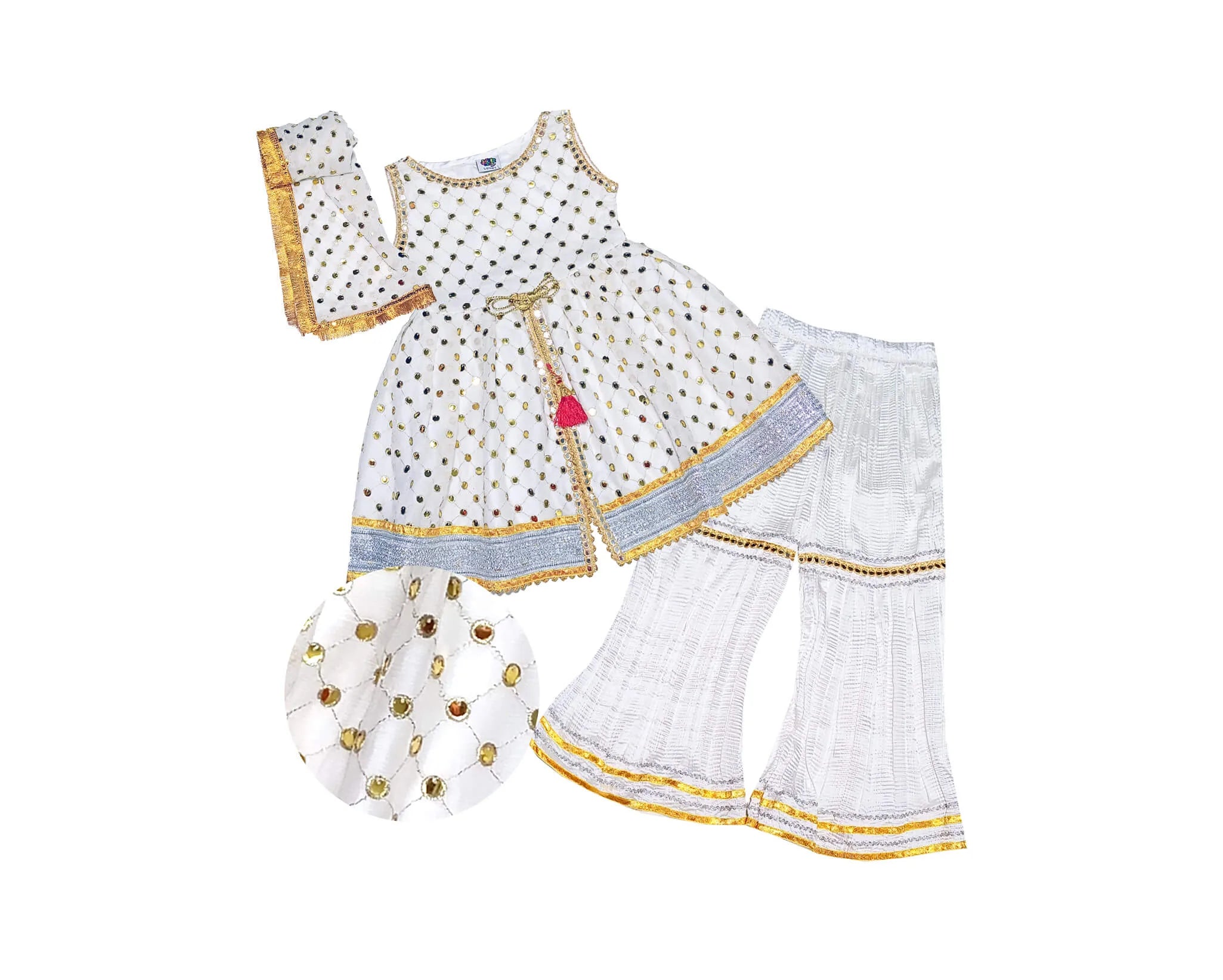 3 pcs Chiffon Fency Frock with Crush Ghrrara - off White