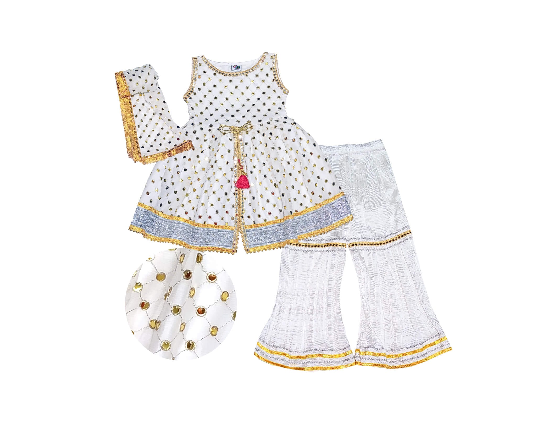 3 pcs Chiffon Fency Frock with Crush Ghrrara - off White