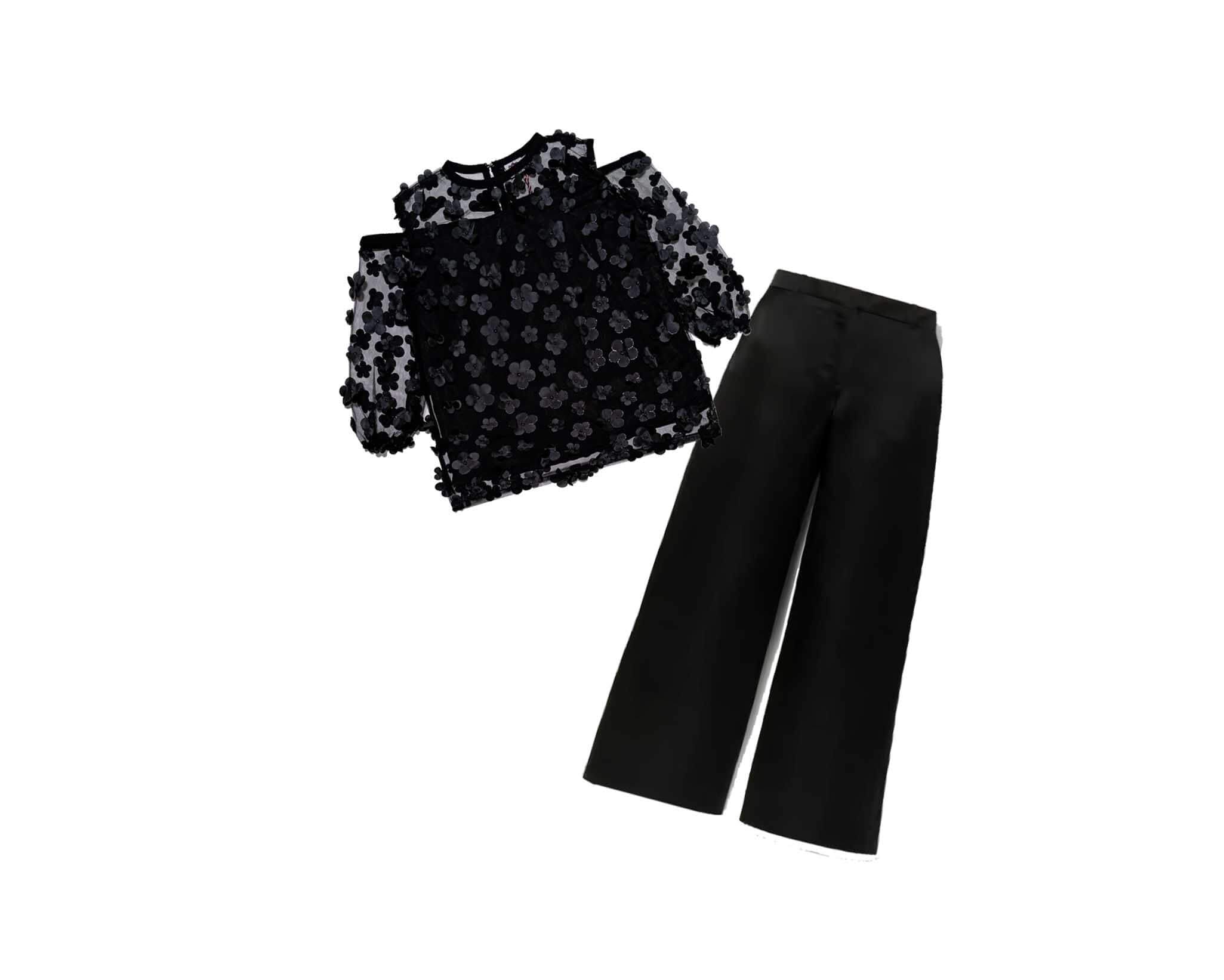 3D Flowers Net Western Top with Silk Flapper Trouser - Black