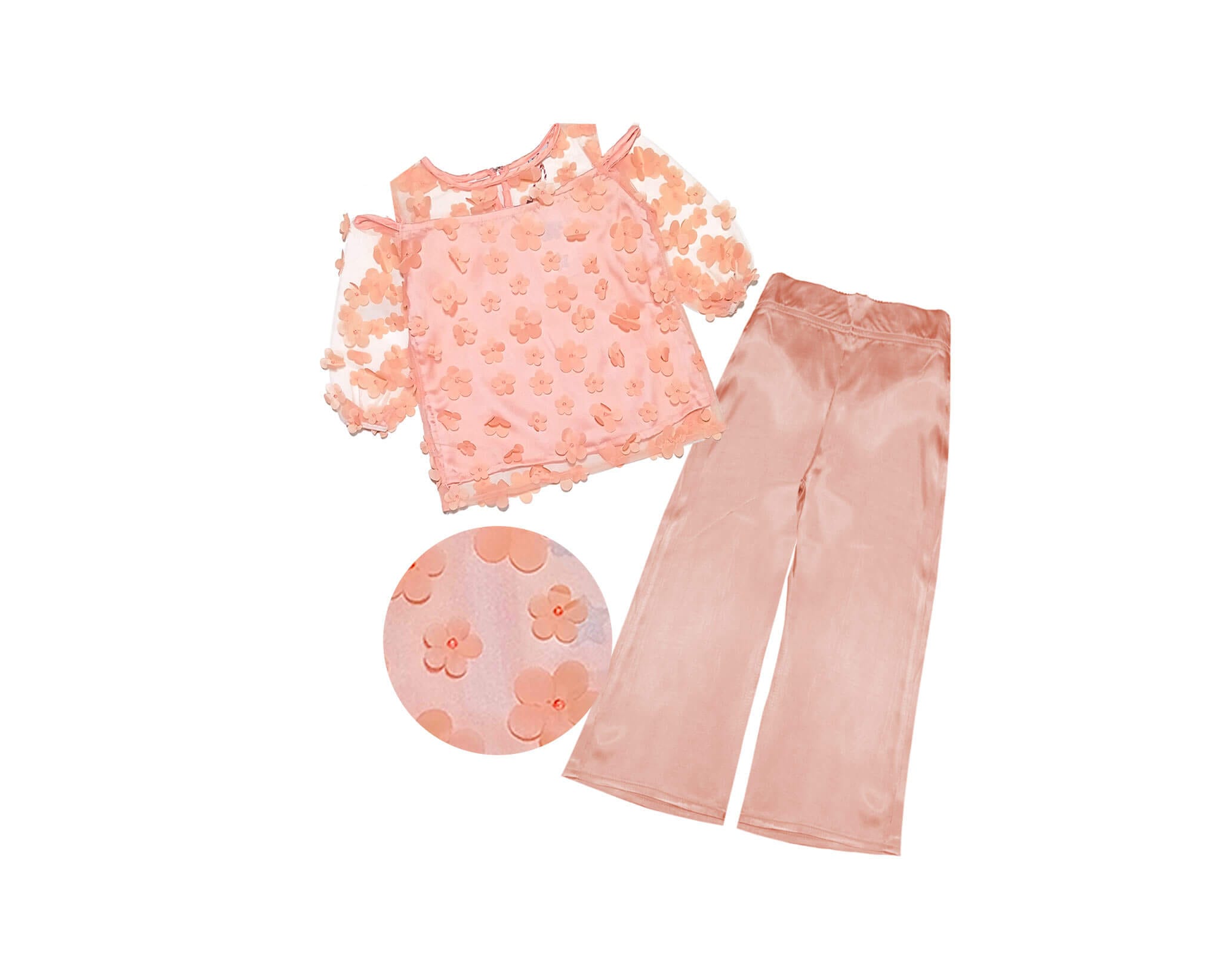 3D Flowers Net Western Top with Silk Flapper Trouser - Peach