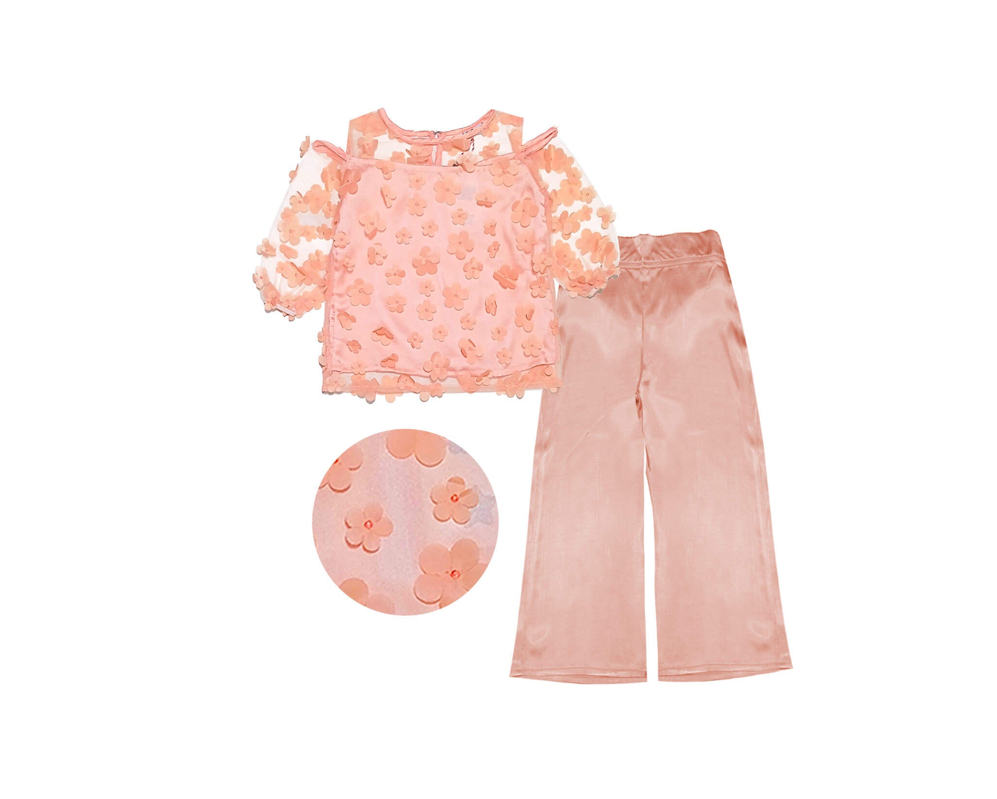 3D Flowers Net Western Top with Silk Flapper Trouser - Peach