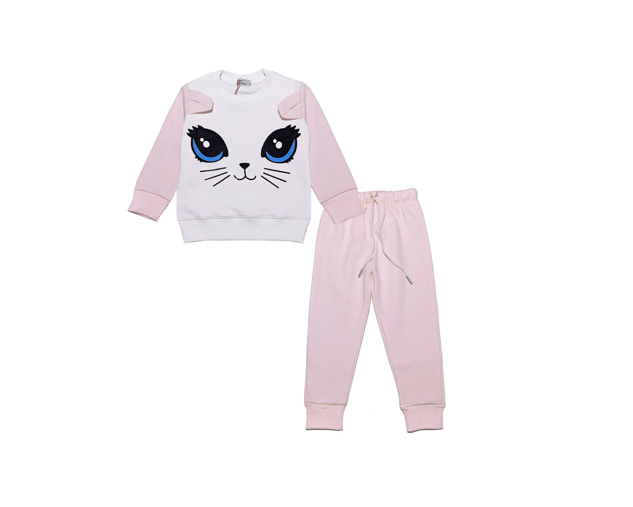 3D Kitty Face Fleece Tracksuit - White &amp; Peach
