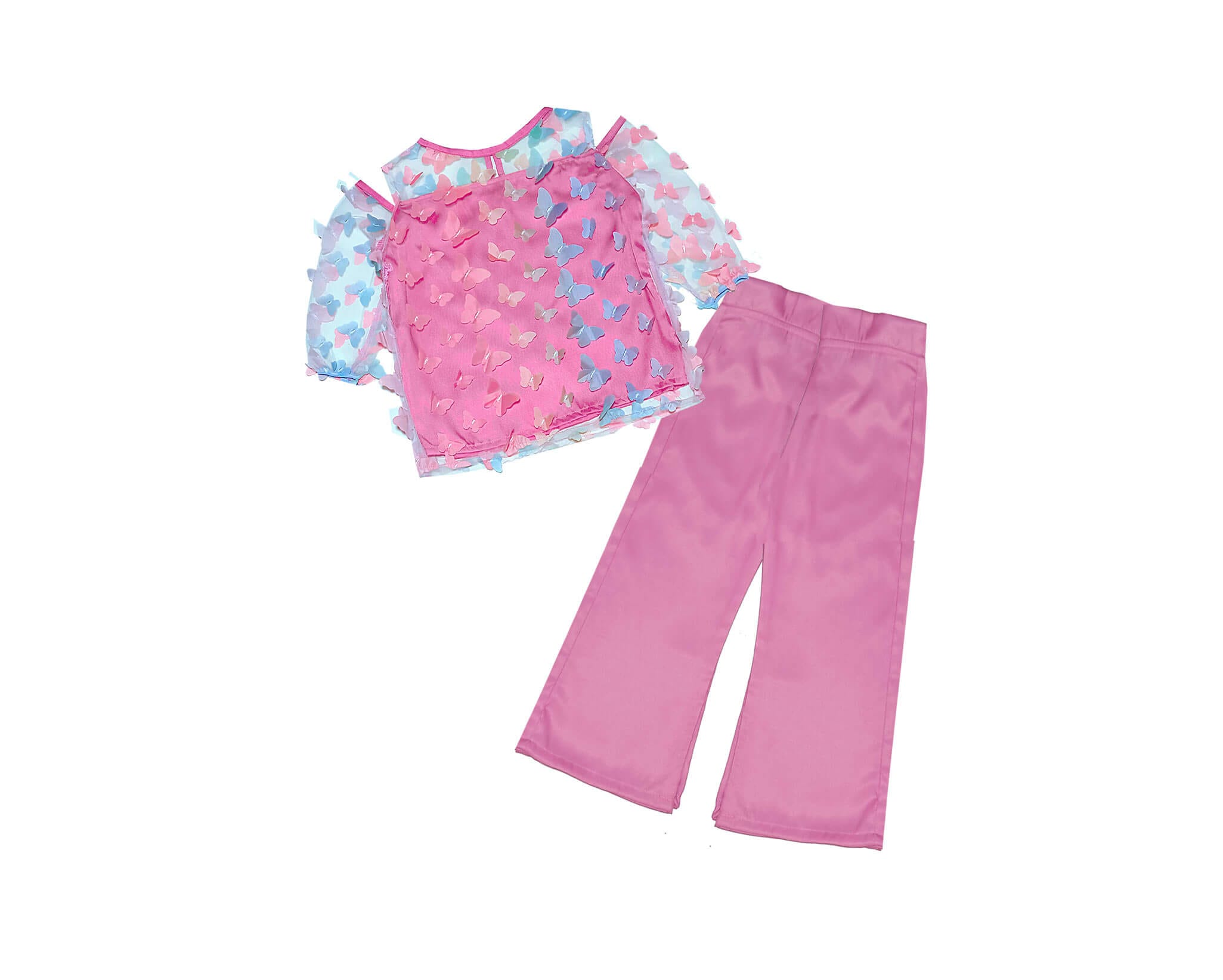 3D Multi Butterflies Net Western Top with Satan Silk Flapper Trouser - Pink