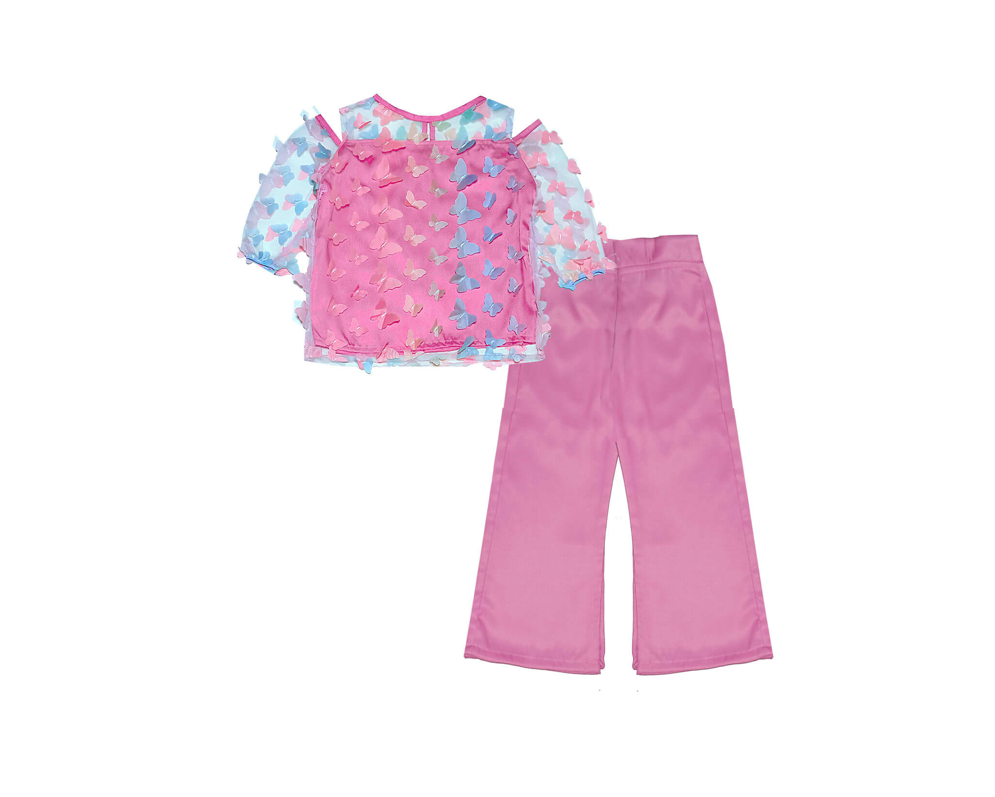 3D Multi Butterflies Net Western Top with Satan Silk Flapper Trouser - Pink