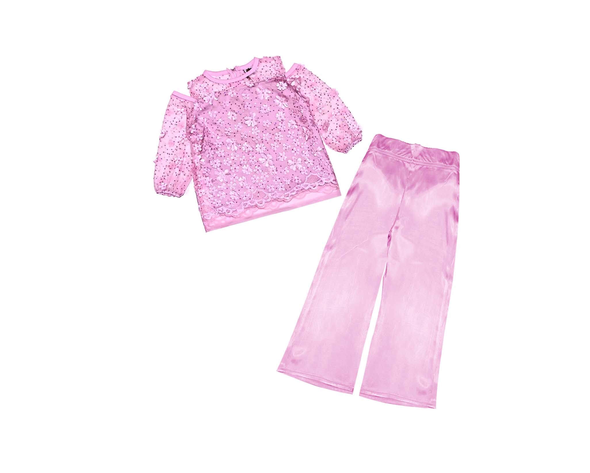 3D Sunflowers with Sequin Net Top &amp; Silk Flapper Trouser - Rose Pink