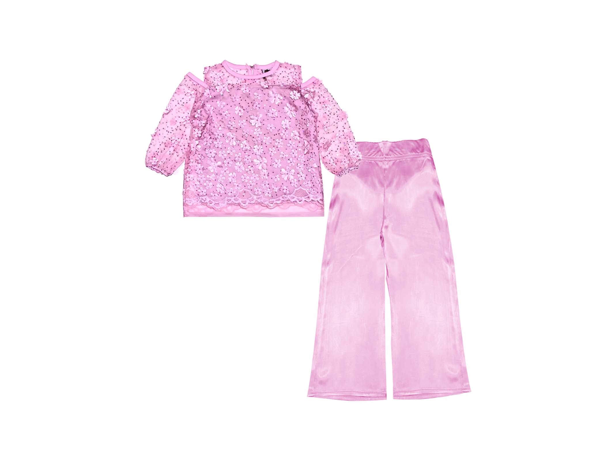 3D Sunflowers with Sequin Net Top &amp; Silk Flapper Trouser - Rose Pink