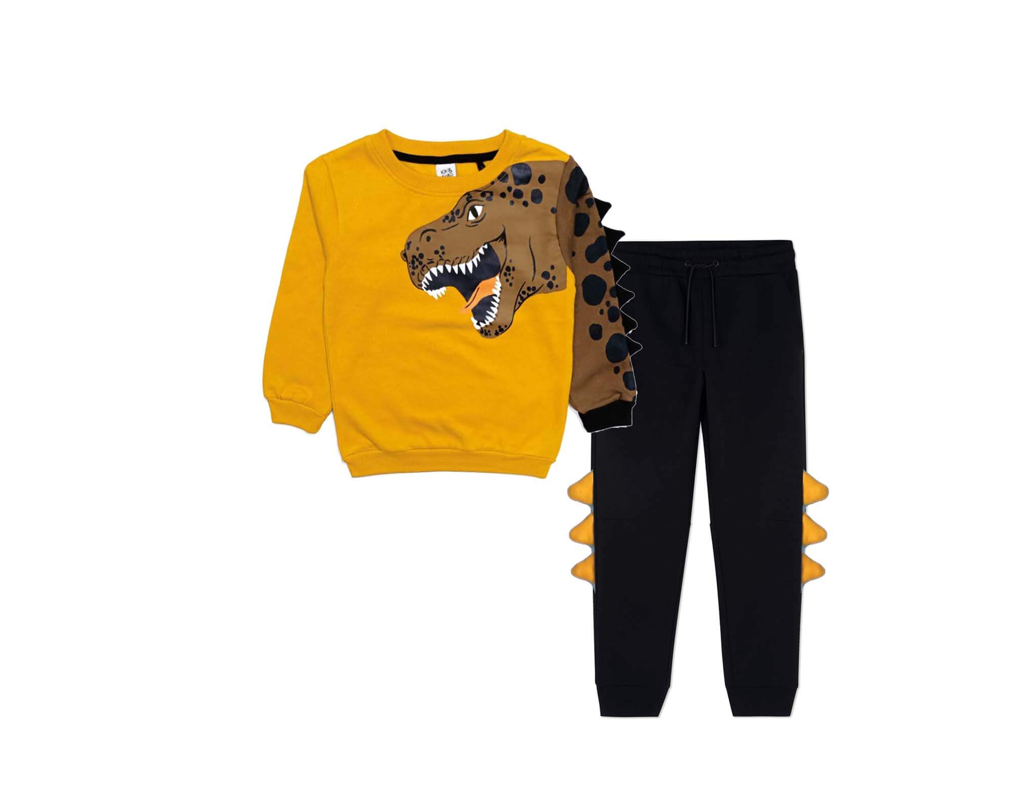 3D Wild Dinosaur Fleece Tracksuit - Mustard &amp; Black