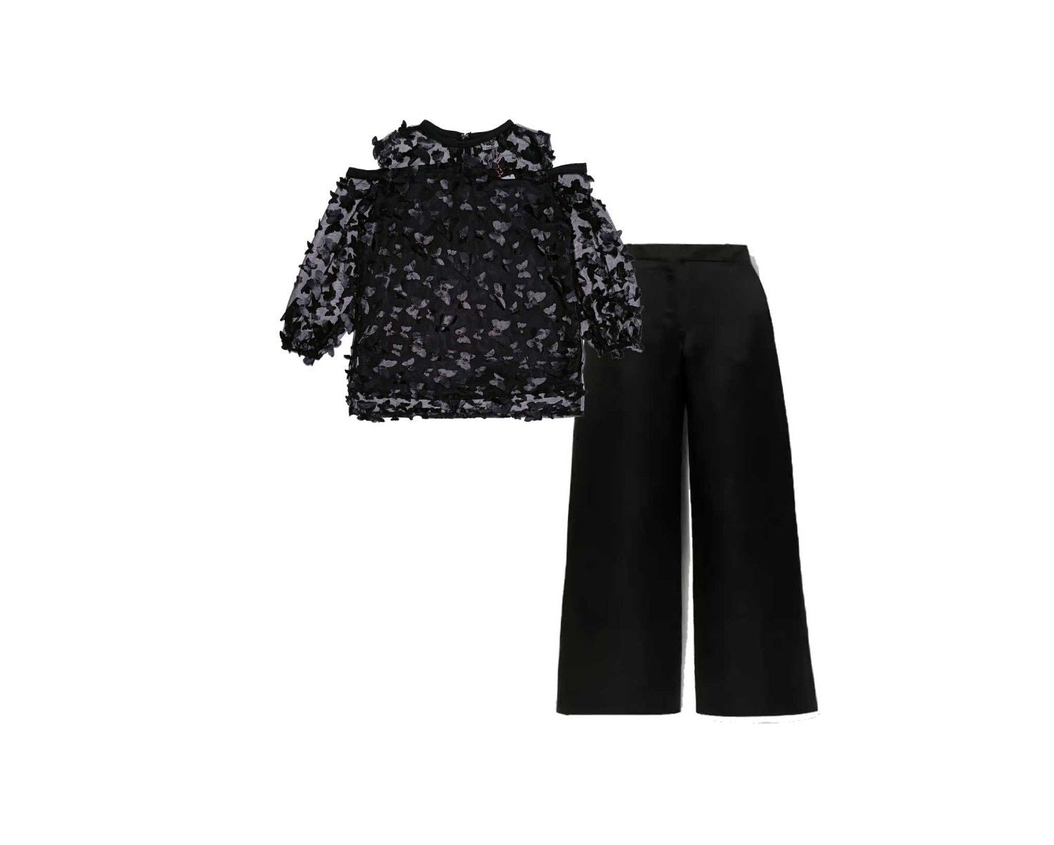 3D Butterflies Net Western Top with Silk Flapper Trouser - Black