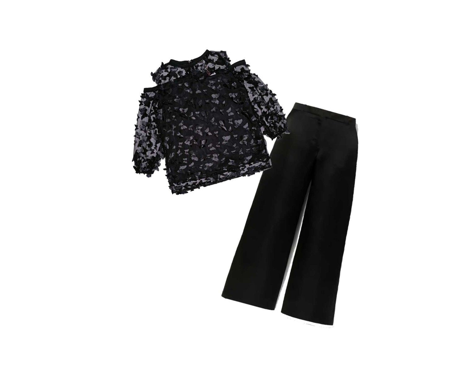 3D Butterflies Net Western Top with Silk Flapper Trouser - Black