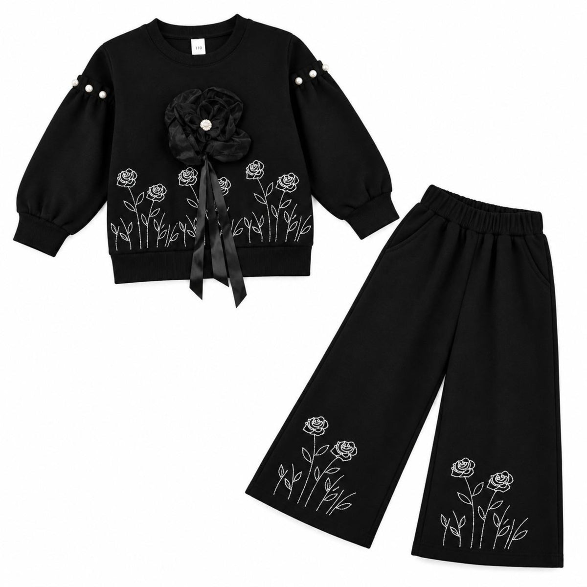  3D Flower Girls Black Floral Embroidered Fleece Tracksuit - Black