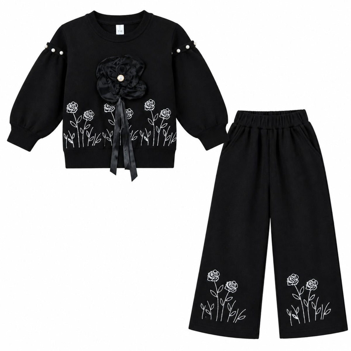  3D Flower Girls Black Floral Embroidered Fleece Tracksuit - Black