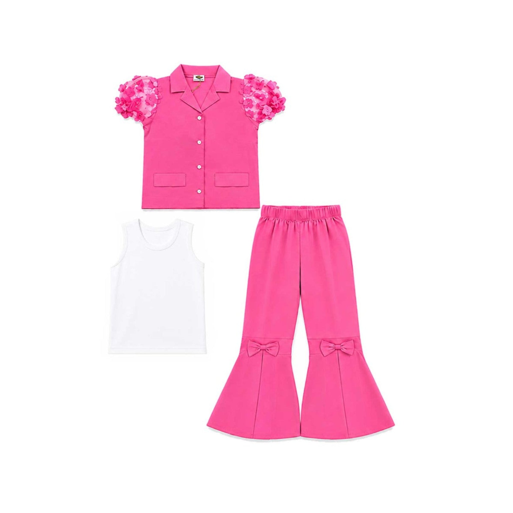 3D Flower Half Sleeve With Inner & Ball Bottom Trouser With Bow - Shocking Pink & White