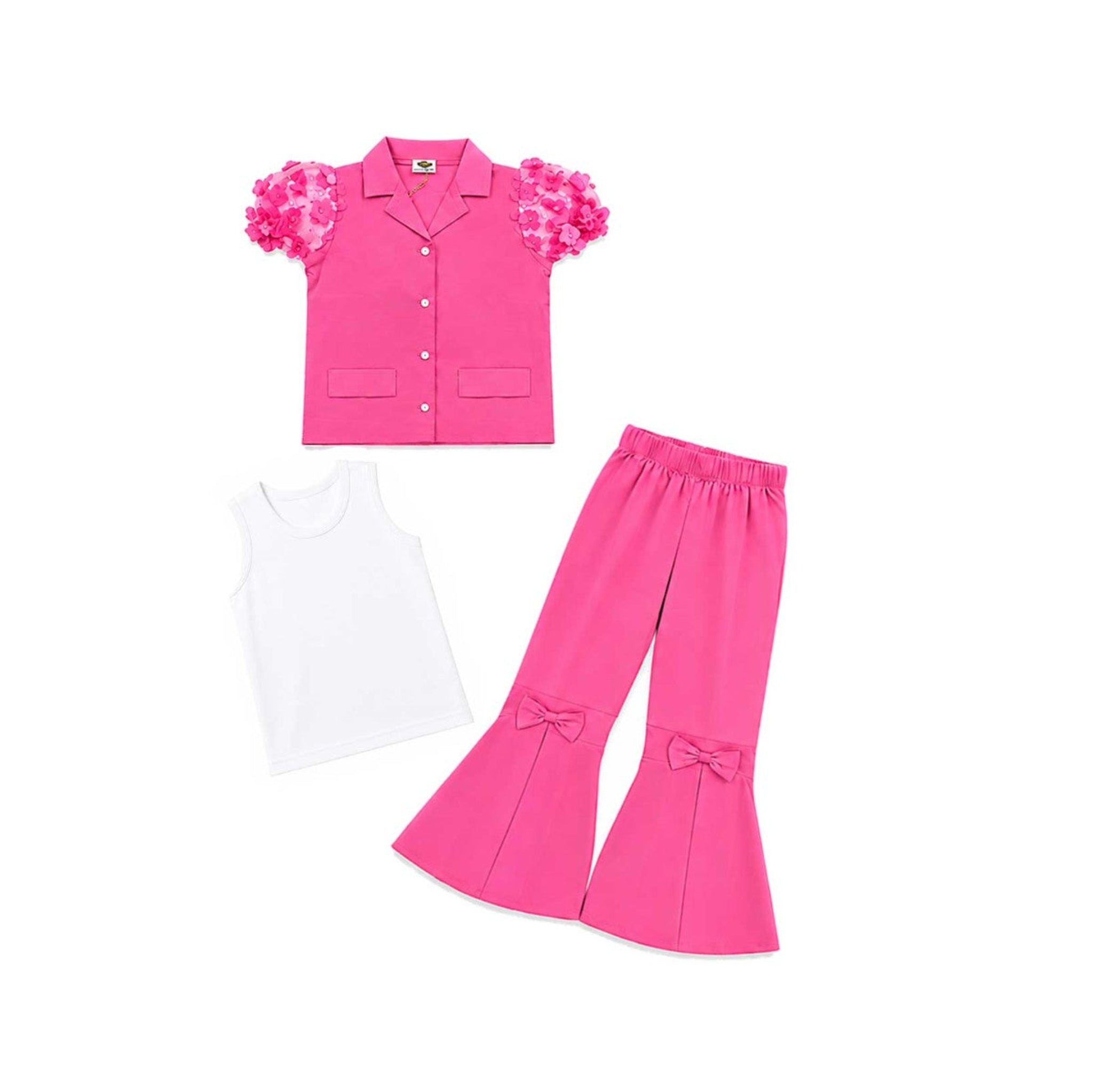 3D Flower Half Sleeve With Inner & Ball Bottom Trouser With Bow - Shocking Pink & White