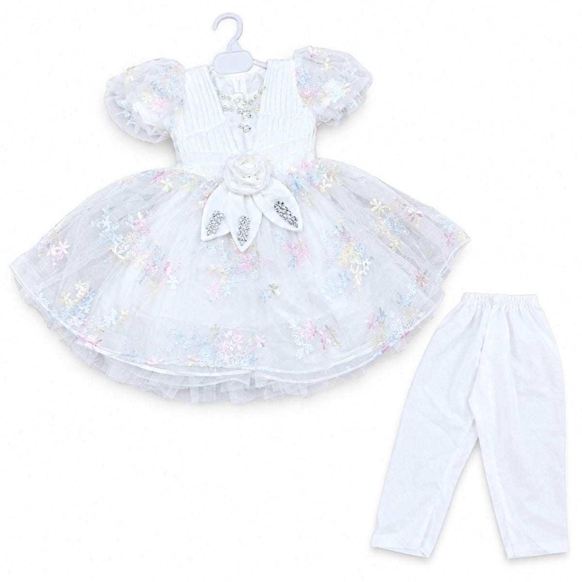 3D Flower With Floral Net Frock - Off White
