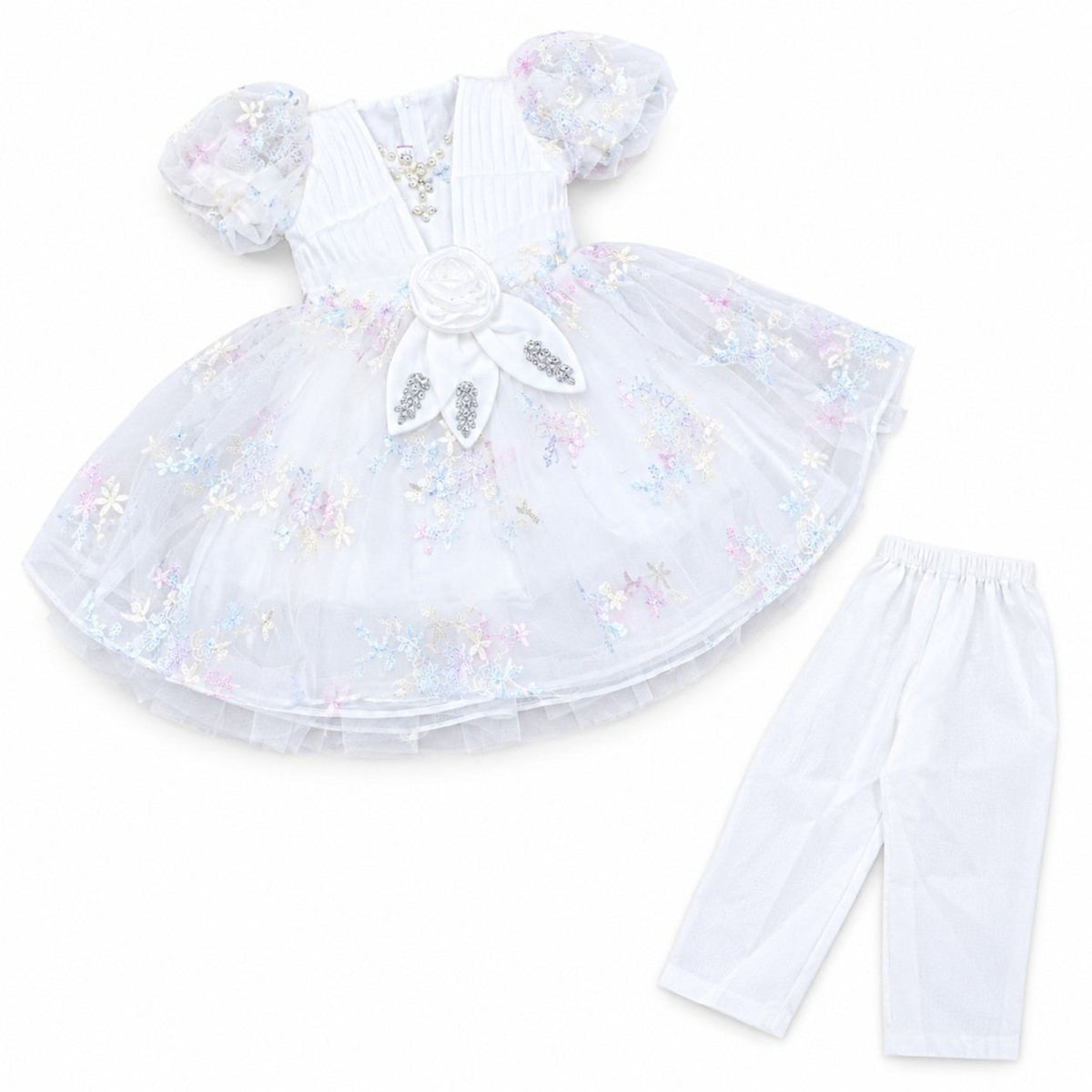 3D Flower With Floral Net Frock - Off White
