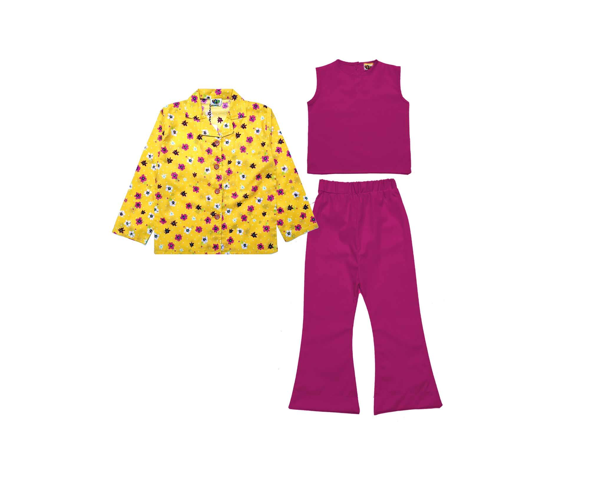 3Pc White Flowers Cotton Suit - Shocking Pink & Yellow