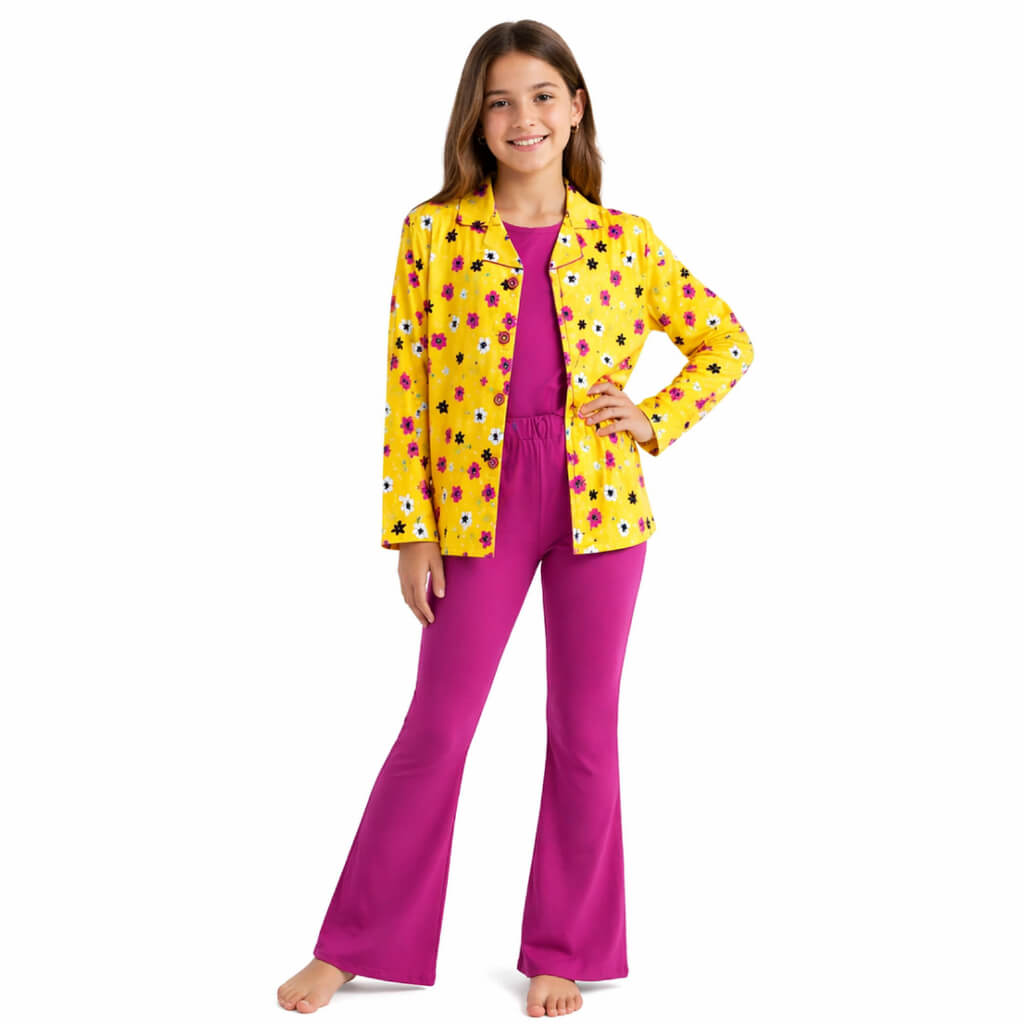 3Pc White Flowers Cotton Suit - Shocking Pink & Yellow1