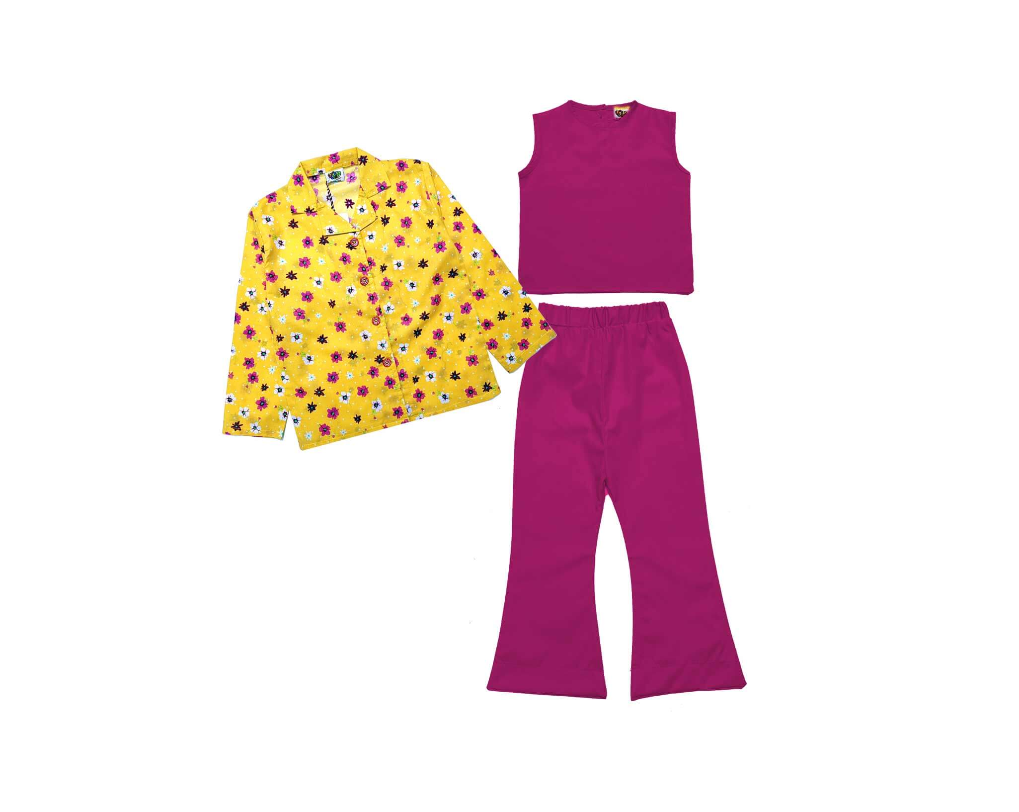 3Pc White Flowers Cotton Suit - Shocking Pink & Yellow