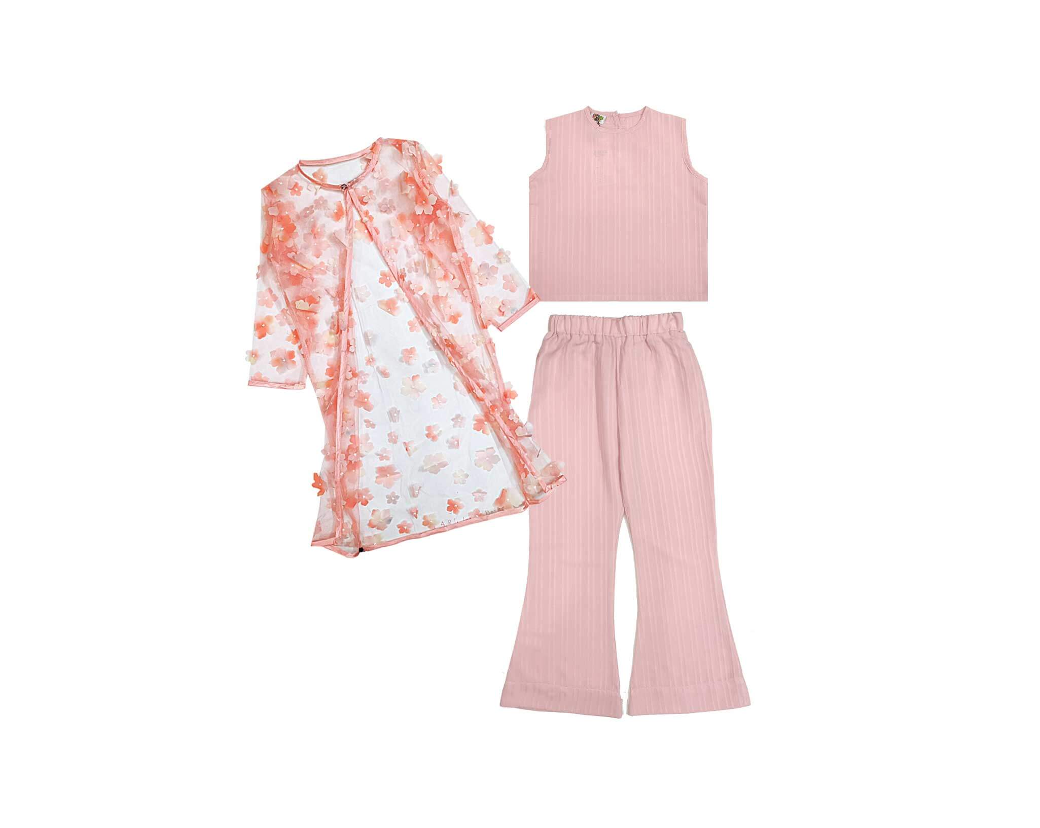 3d Flowers Net Top with Flared Pants &amp; Shrug Set Pink