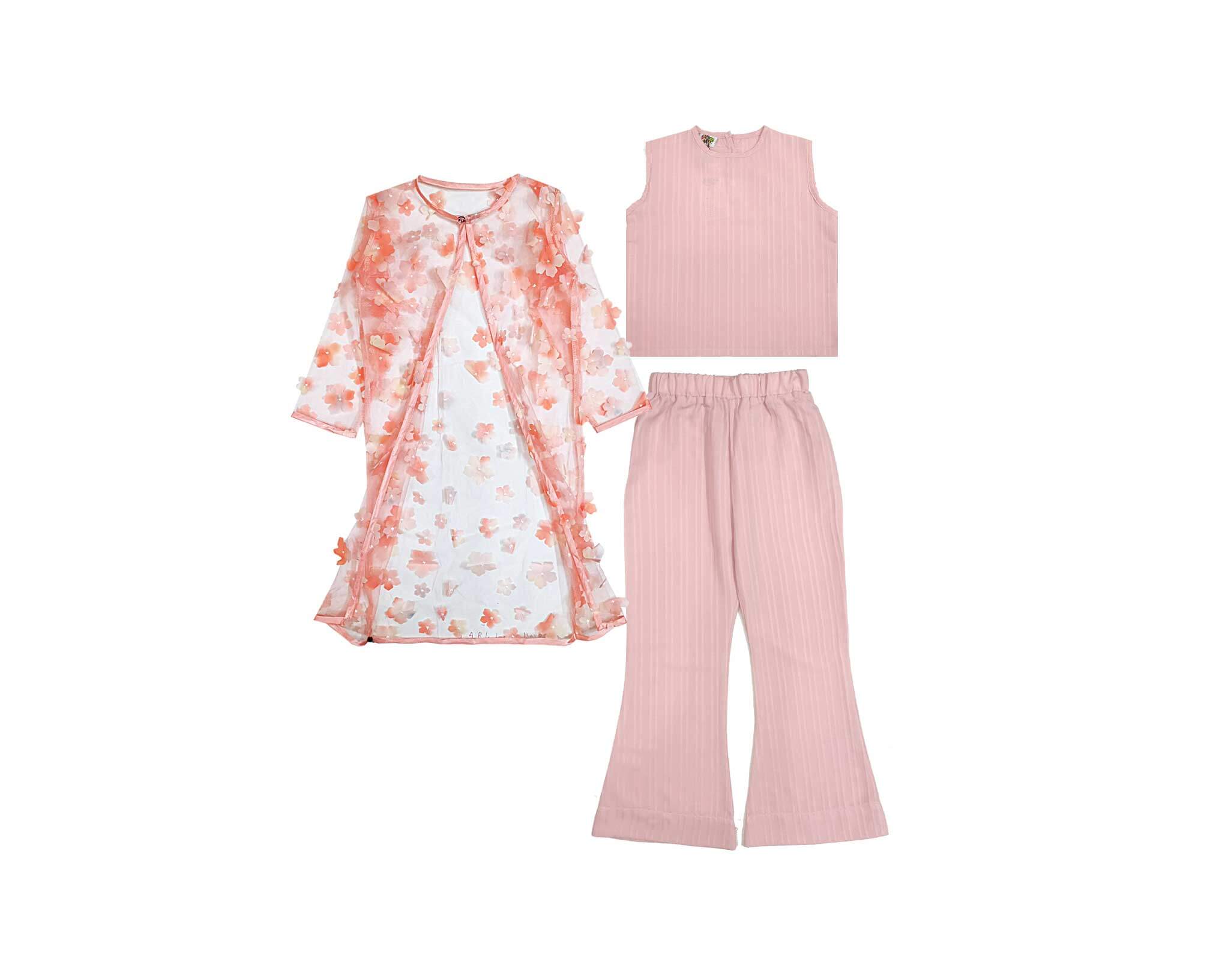 3d Flowers Net Top with Flared Pants &amp; Shrug Set Pink
