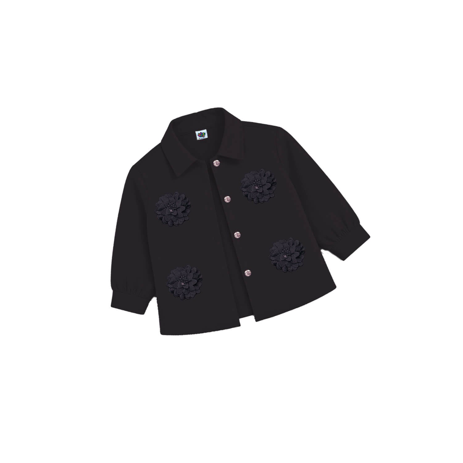 3d Flowers Front Style Girls Premium Coat - Black