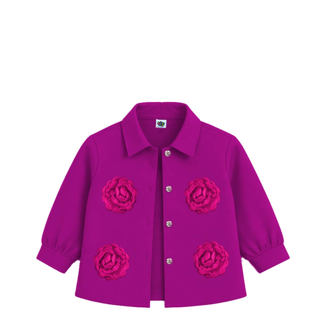 3d Flowers Front Style Girls Premium Coat - Magenta