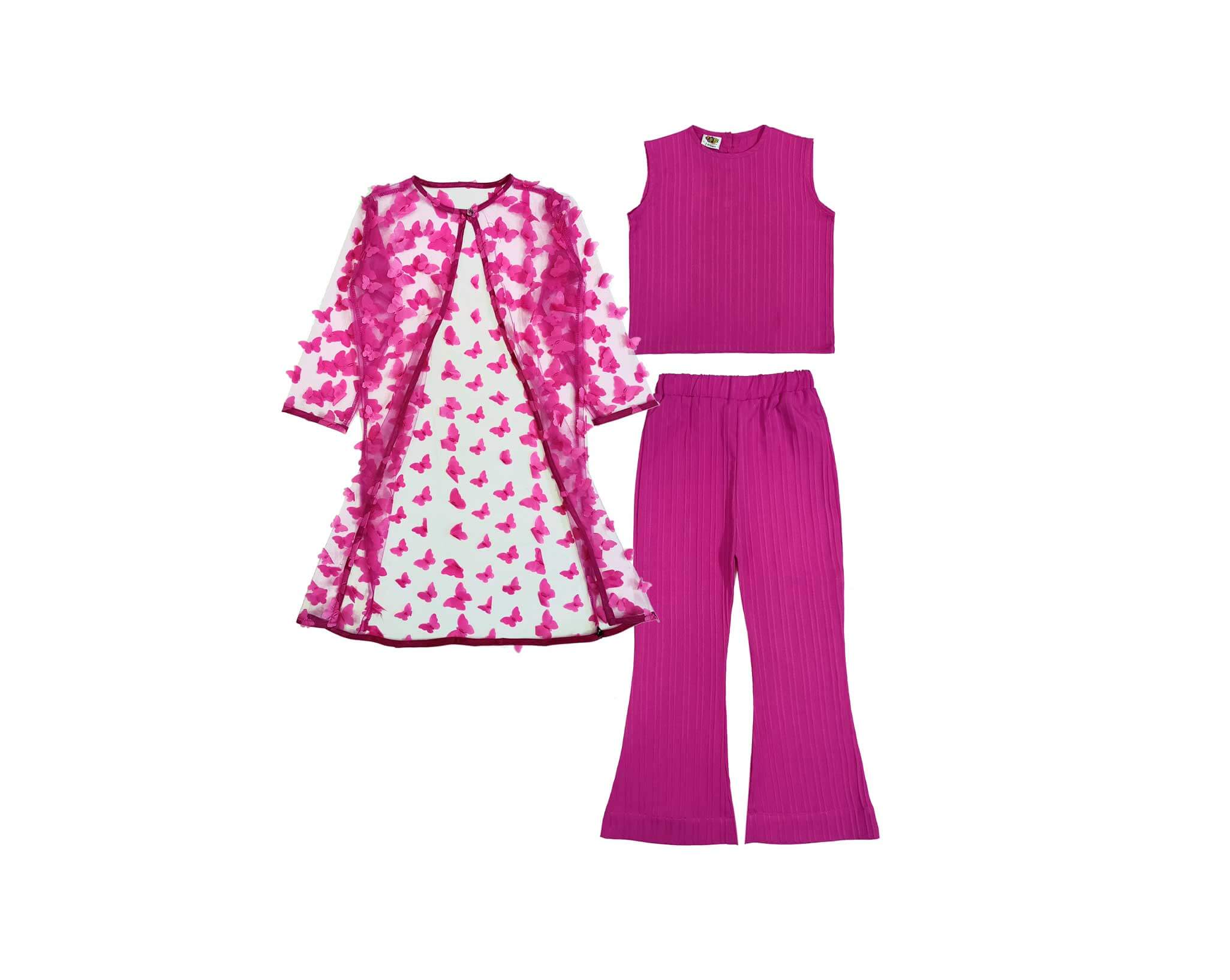 3d Flowers Net Top with Flared Pants & Shrug Set-Shocking Pink