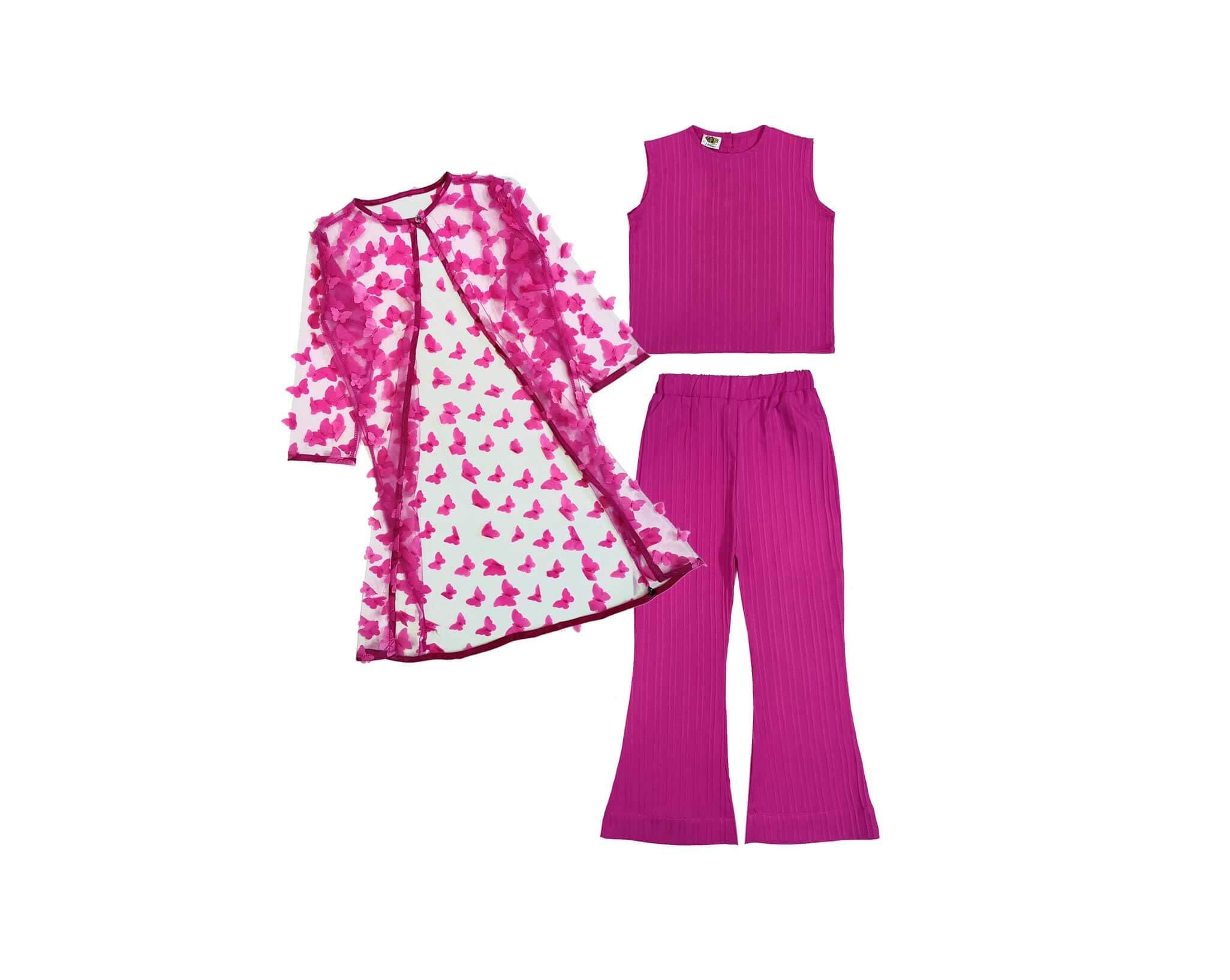 3d Flowers Net Top with Flared Pants & Shrug Set-Shocking Pink