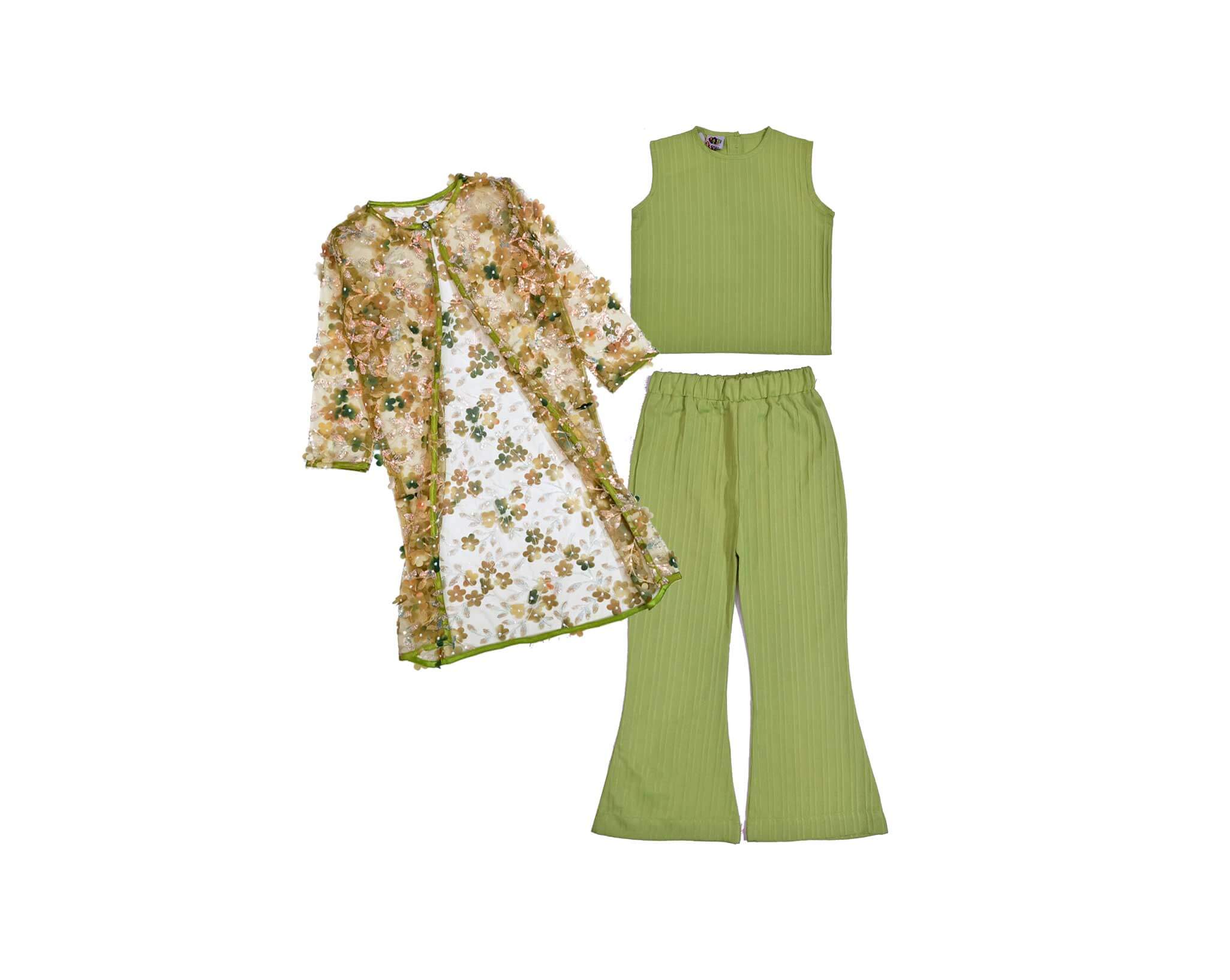 3d Flowers Net Top with Flared Pants & Shrug Set- Olive Green