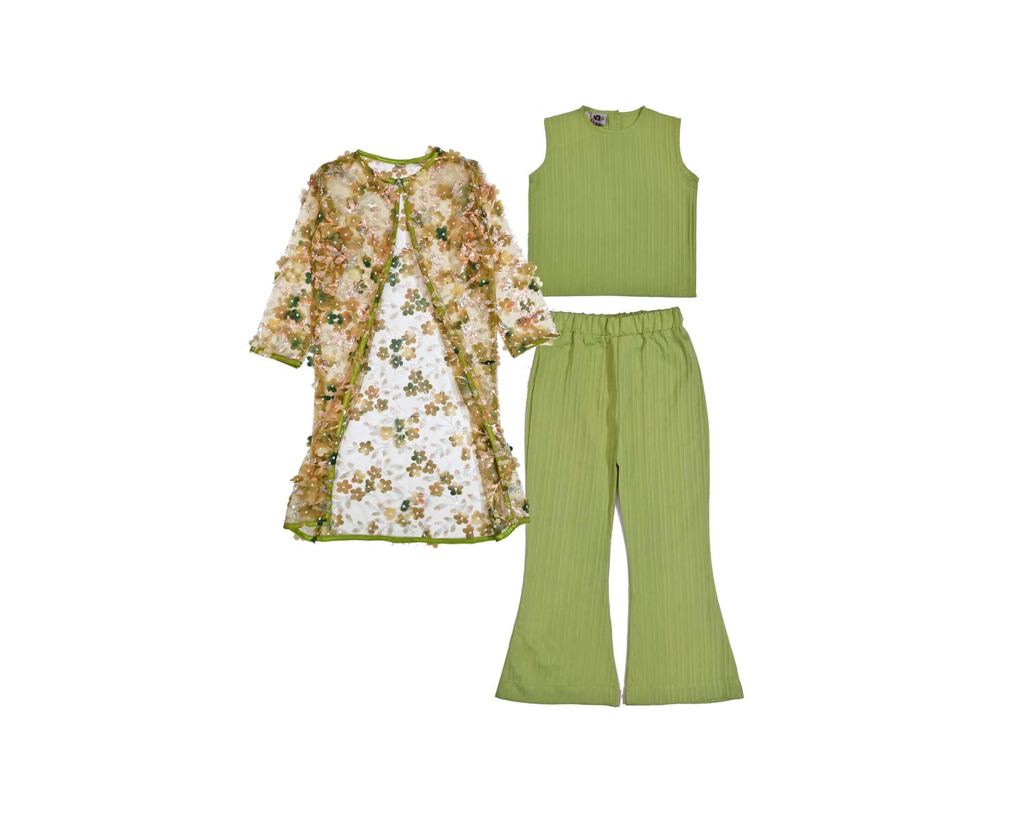 3d Flowers Net Top with Flared Pants & Shrug Set- Olive Green