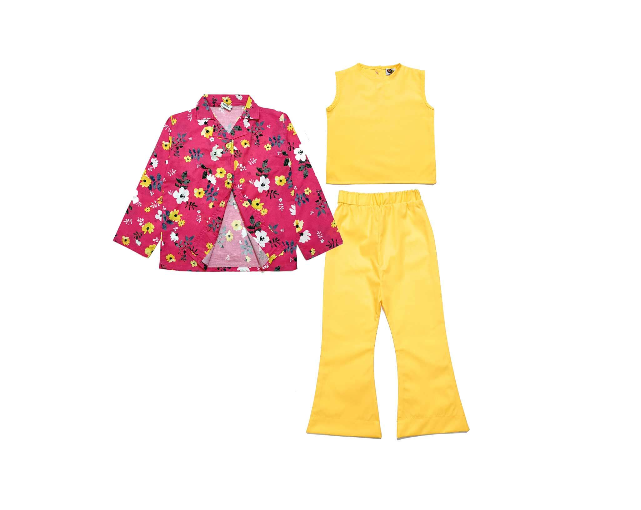 3pc  White & Pink Florals Cotton Suit - Yellow & Shocking Pink