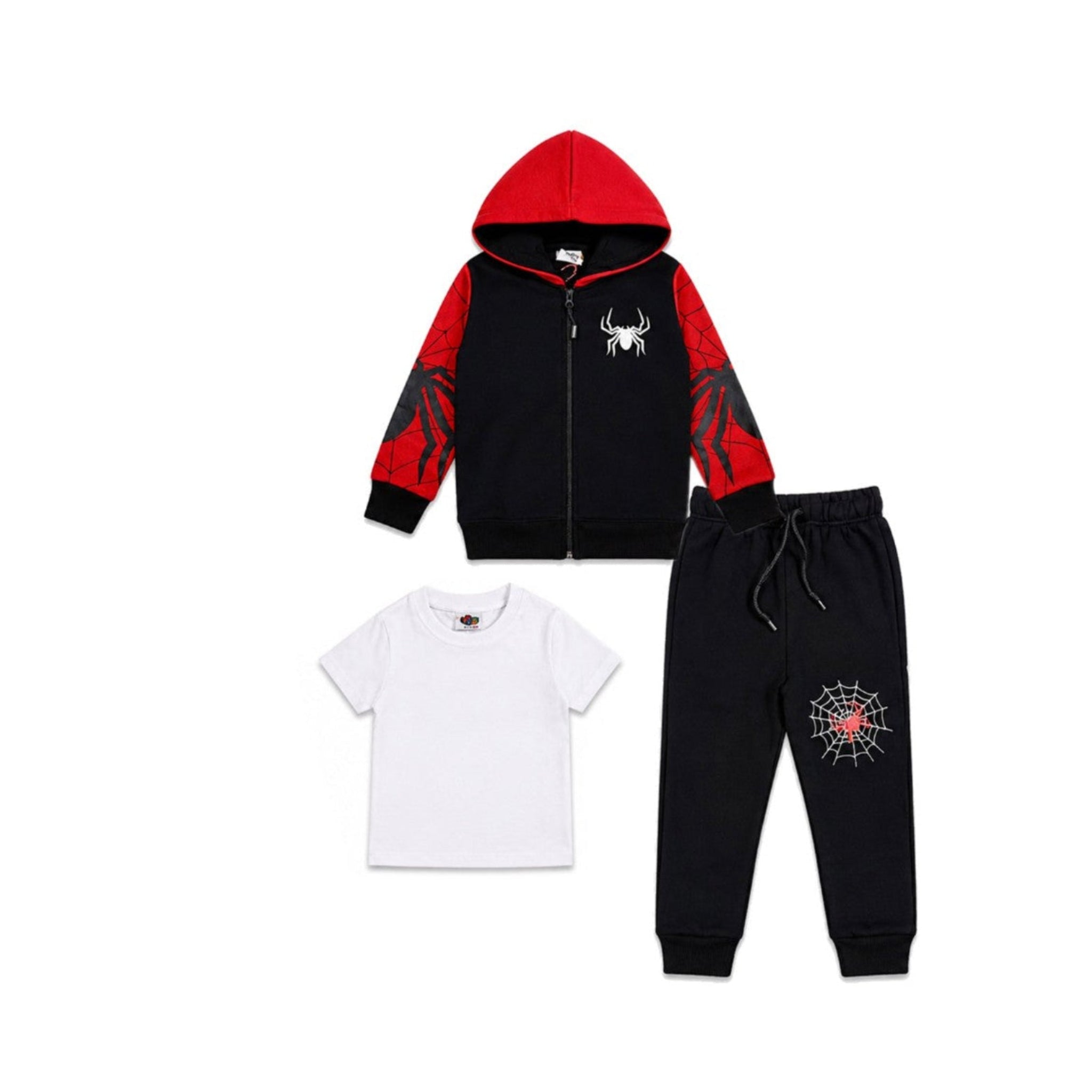3pc Spider Sleeve Printed Zipper Hood Inner & Trouser Fleece Tracksuit - Red & Black