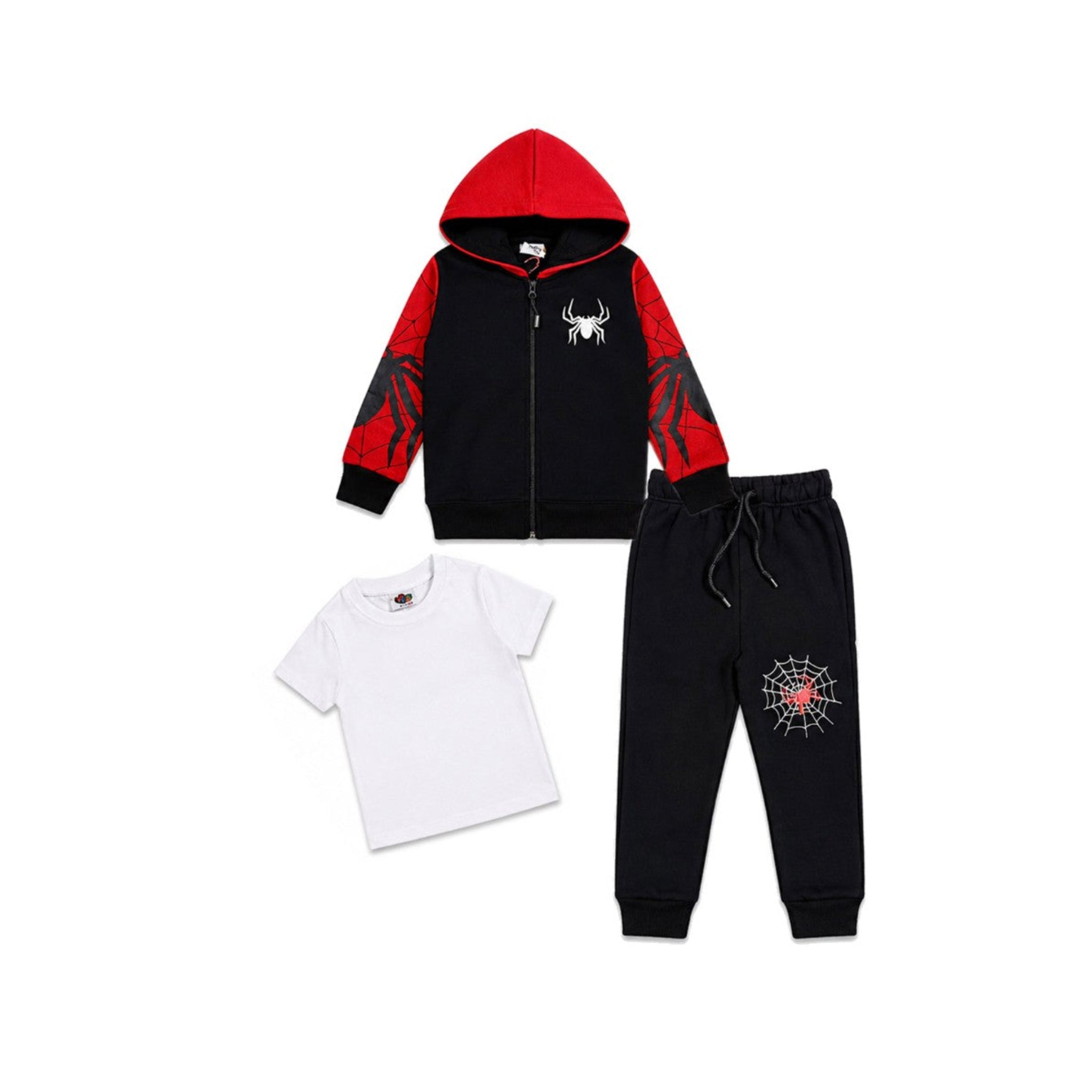 3pc Spider Sleeve Printed Zipper Hood Inner & Trouser Fleece Tracksuit - Red & Black