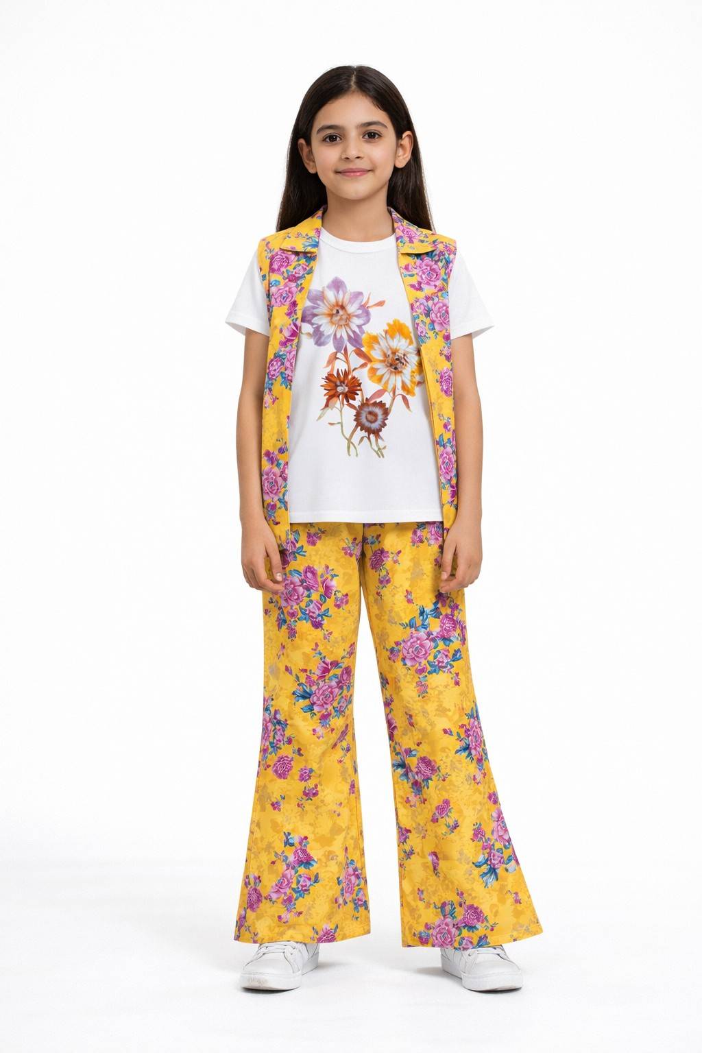 3pc White & Pink Florals Cotton Suit - Yellow & Shocking Pink
